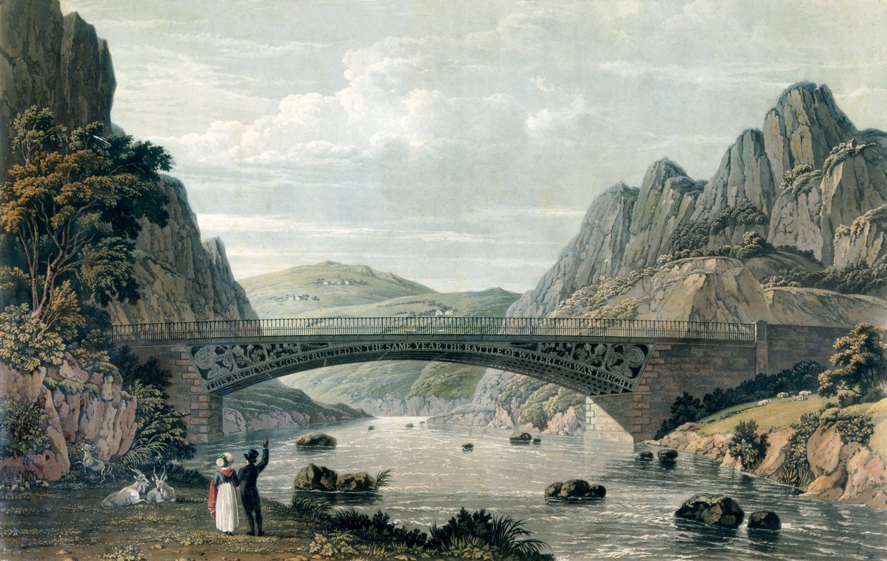 Waterloo Bridge över floden Conwy, Wales (färggravyr) av English School
