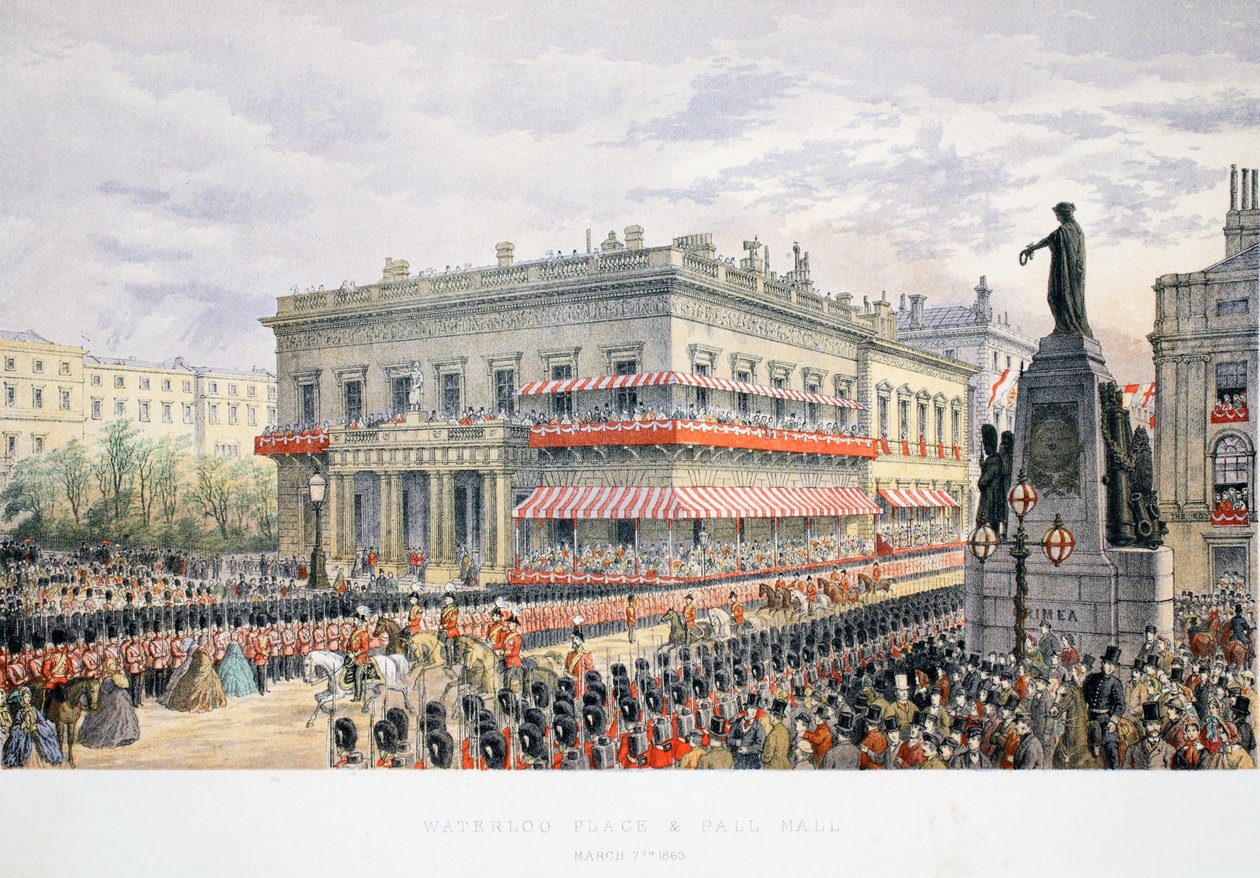 Waterloo Place och Pall Mall, från A Memorial of the Marriage of Edward VII and Alexandra of Denmark, pub. 1864 av English School