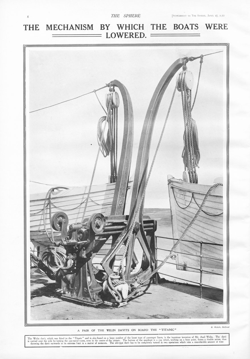Welin davits, mekanismen genom vilken båtarna sänktes, från The Sphere, 27 april 1912 av English School