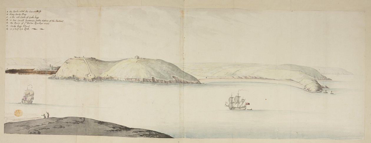 Västra ingången till Cork Harbour, från Kidds, eller Cow and Calf, till Cross Beg Island; West Entrance of Cork Harbour, som visar Halbowlin Island, Spike Island och Cross Haven, ca 1684 (penna & bläck & akvarell på papper) av English School