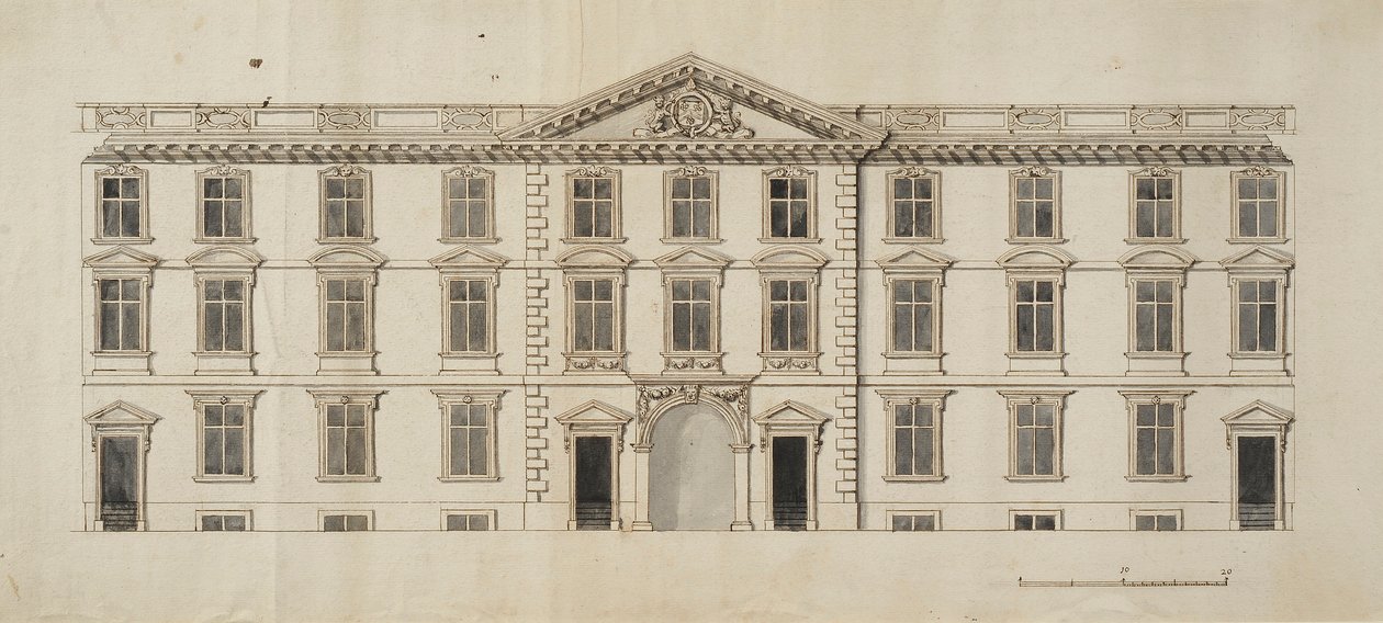 Västra framsidan av den föreslagna nya byggnaden för Garden Quadrangle vid New College, c.1680 (bläck & grå tvätt på papper) av English School