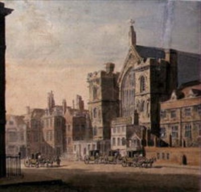 Westminster Hall och New Palace Yard, ca 1808 (akvarell på papper) av English School