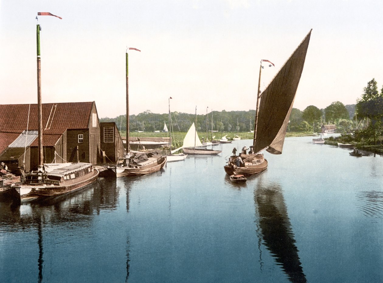 Wherry lämnar Wroxham (handfärgat foto) av English School