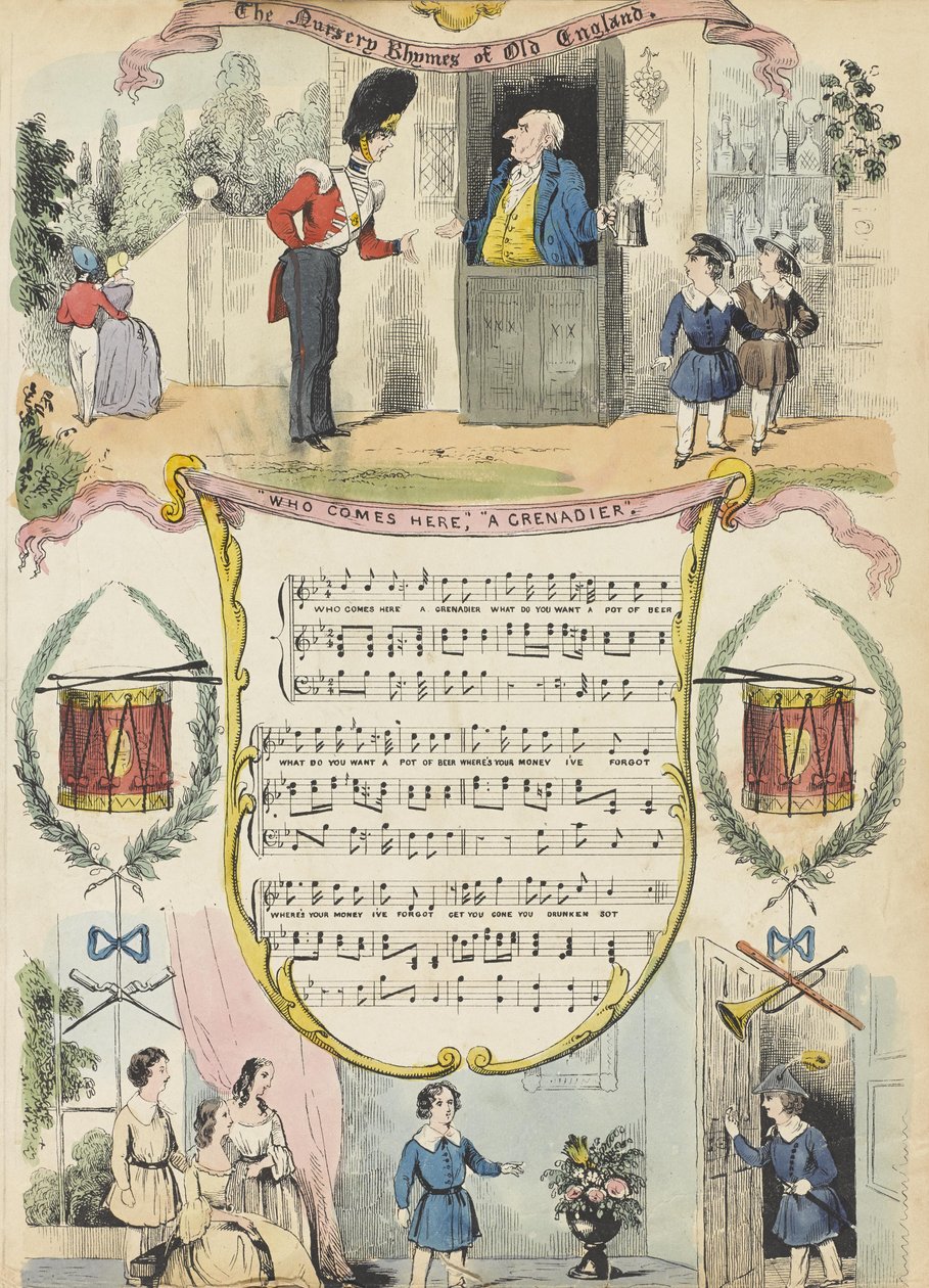 Vem kommer hit; En grenadjär, ca 1850 (färgad akvatint) av English School