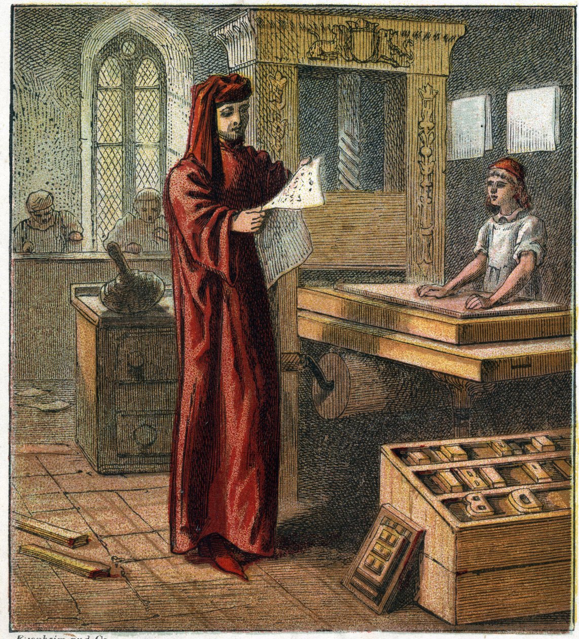 William Caxton (1422-1491), förste engelsk tryckare, i sin verkstad med en tryckpress. William Caxton, den första engelska tryckaren. av English School
