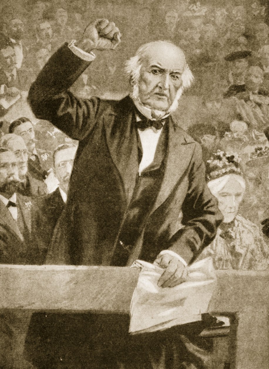 William Gladstone talar vid ett möte i Liverpool den 24 september 1896 av English School