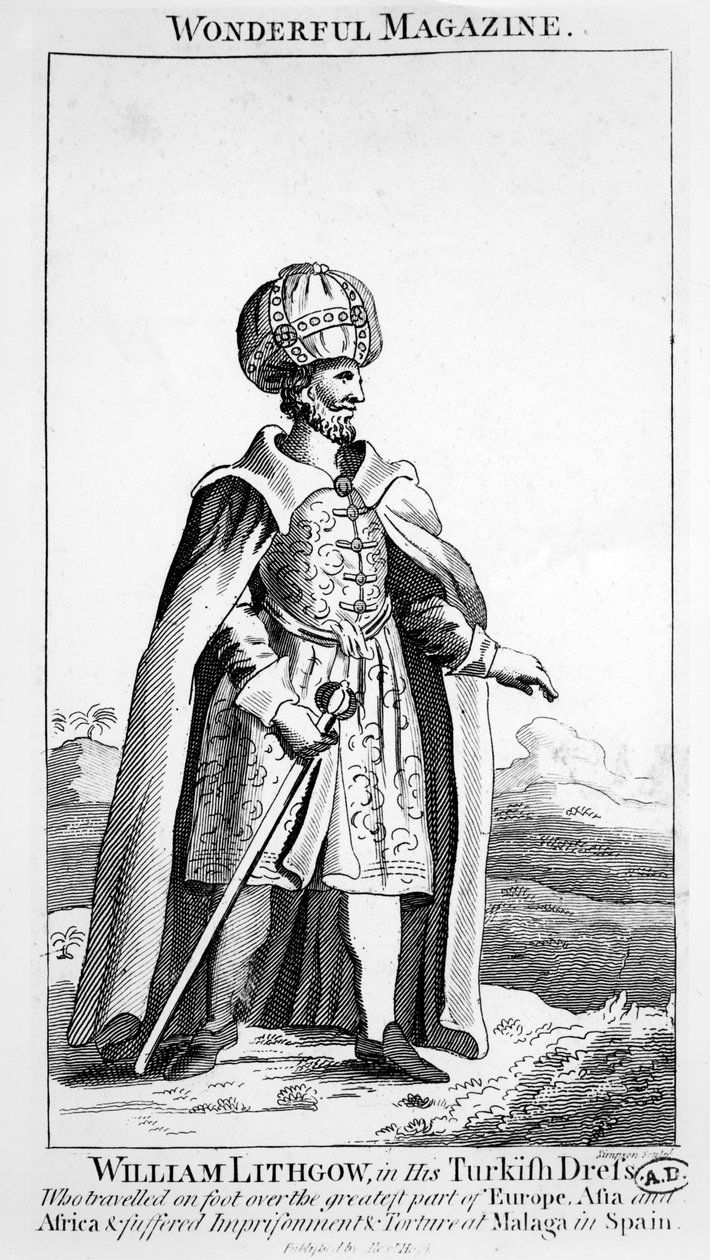 William Lithgow i sin turkiska klänning, illustration från Wonderful Magazine, c.1750-90 av English School