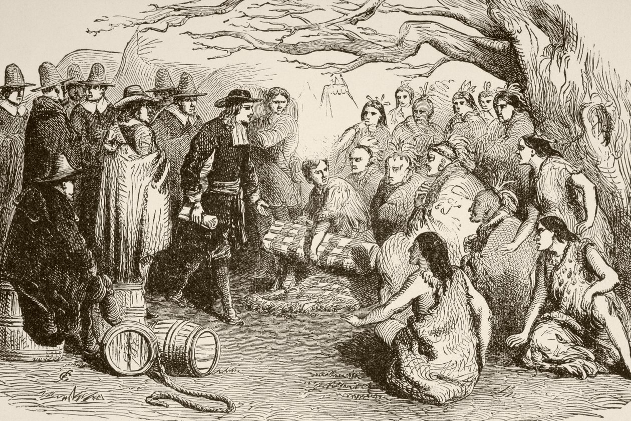 William Penn sluter ett fördrag med Delaware- eller Lenape-indianerna 1682 (litho) av English School