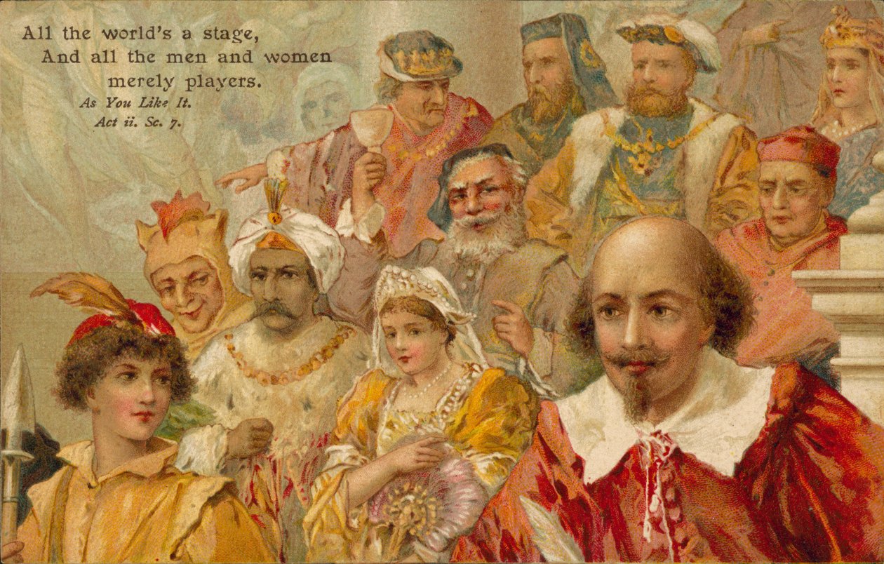 William Shakespeare med några av sina karaktärer (färglitografi) av English School