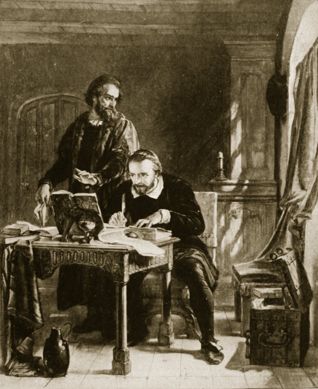 William Tyndale översätter Nya testamentet, illustration från Hutchinsons Story of the British Nation, c.1923 av English School