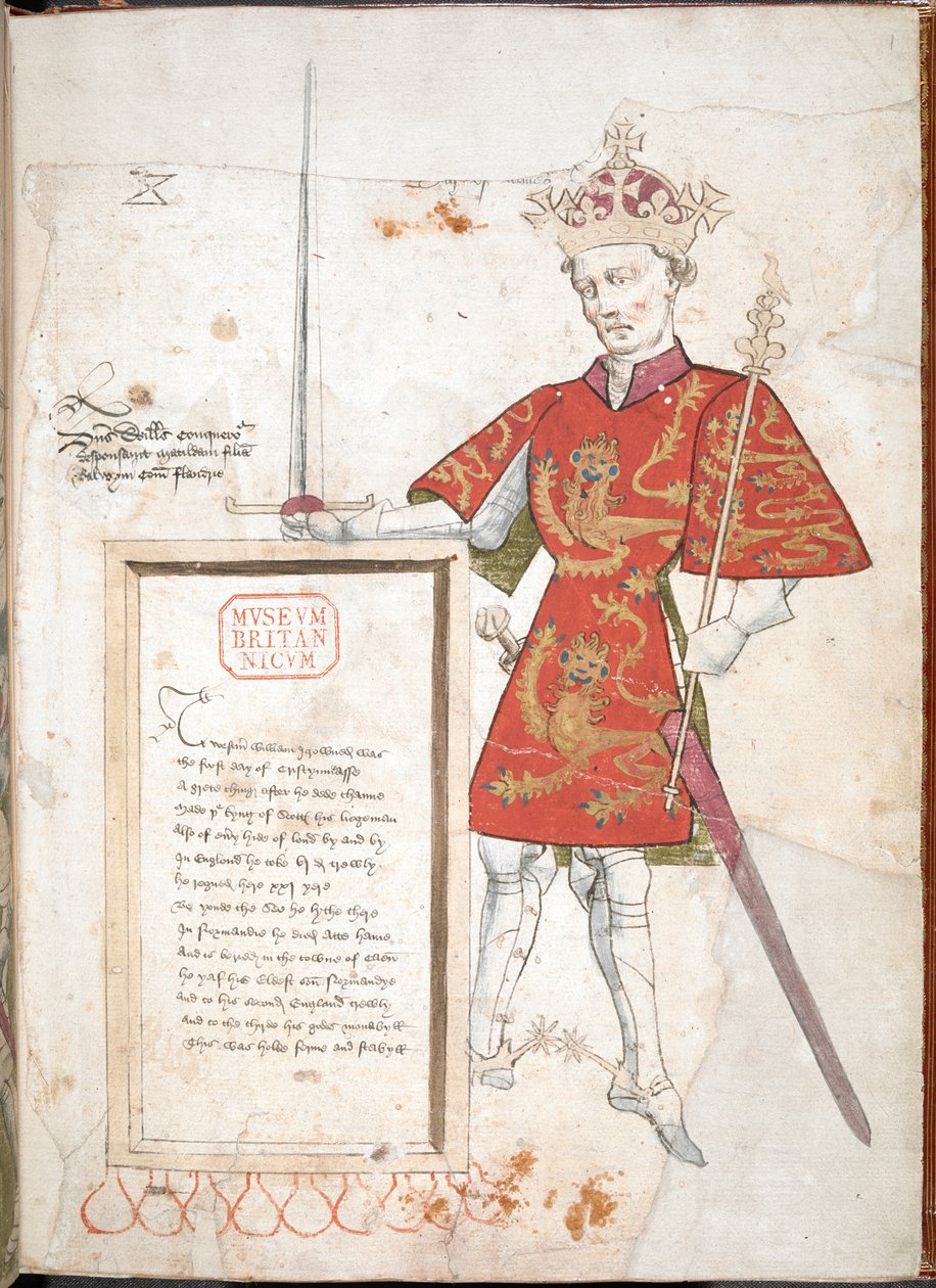 Vilhelm Erövraren, En engelsk kung i rustning och tabard, presenterar en plakett med verser (vellum) av English School