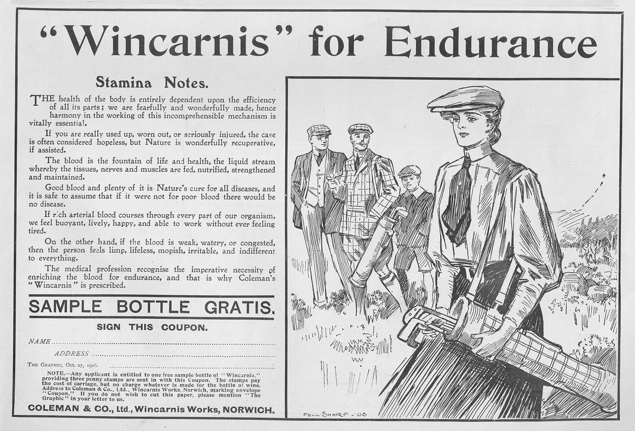 Wincarnis for Endurance, annons från The Graphic, 27 oktober 1906 av English School