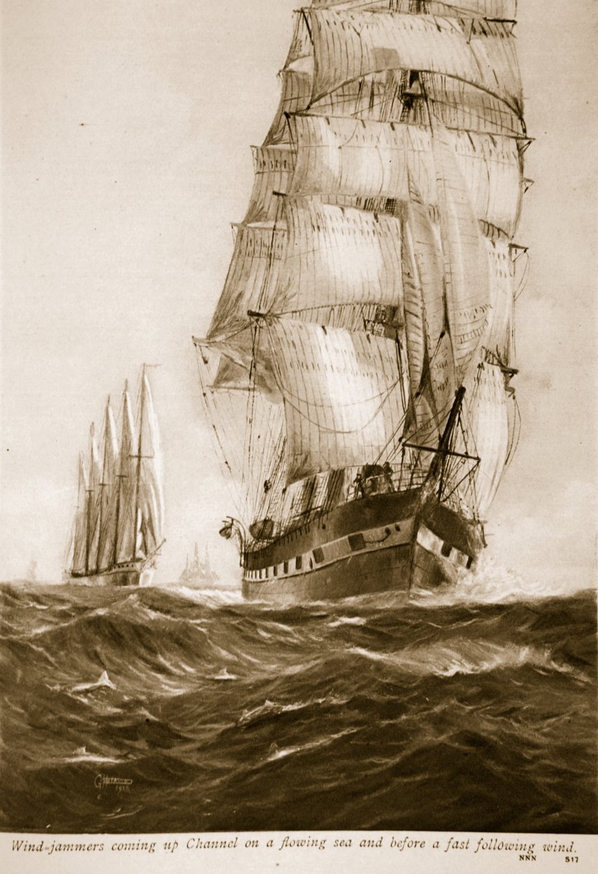 Vindstörare kommer uppför kanalen på ett strömmande hav och före en snabb följdvind, 1914-19 av English School