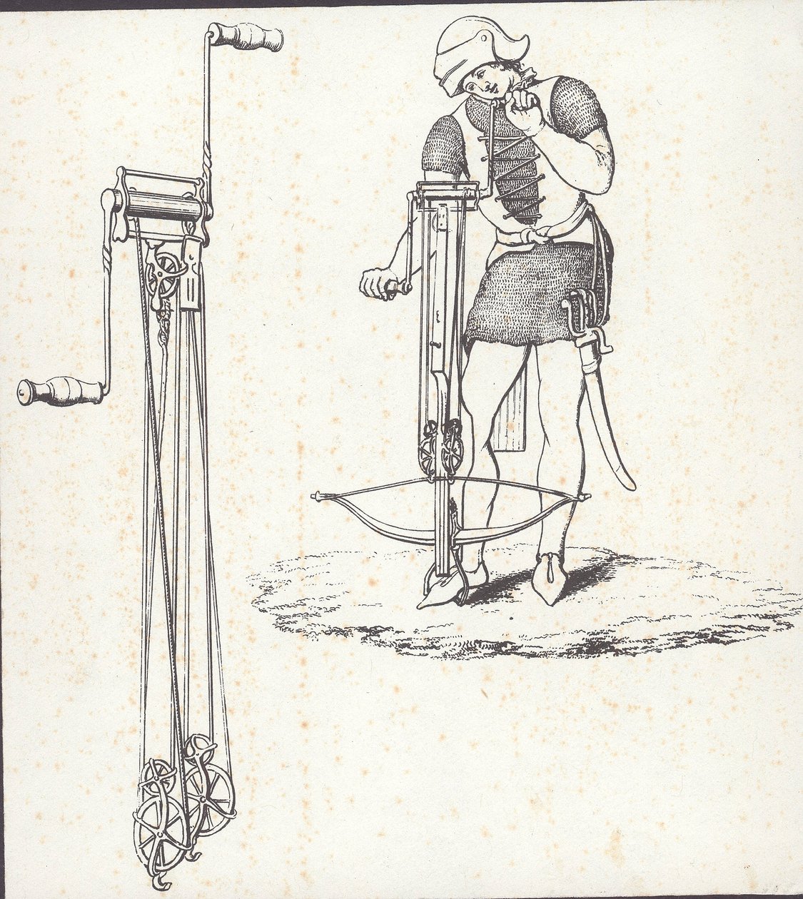 Ankarspelmekanism för att spänna armborst, illustration från 