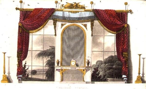 Window Curtain for a Boudoir, skylt 3 från Ackermanns Repository of Arts, publicerad 1809 (färg litho) av English School