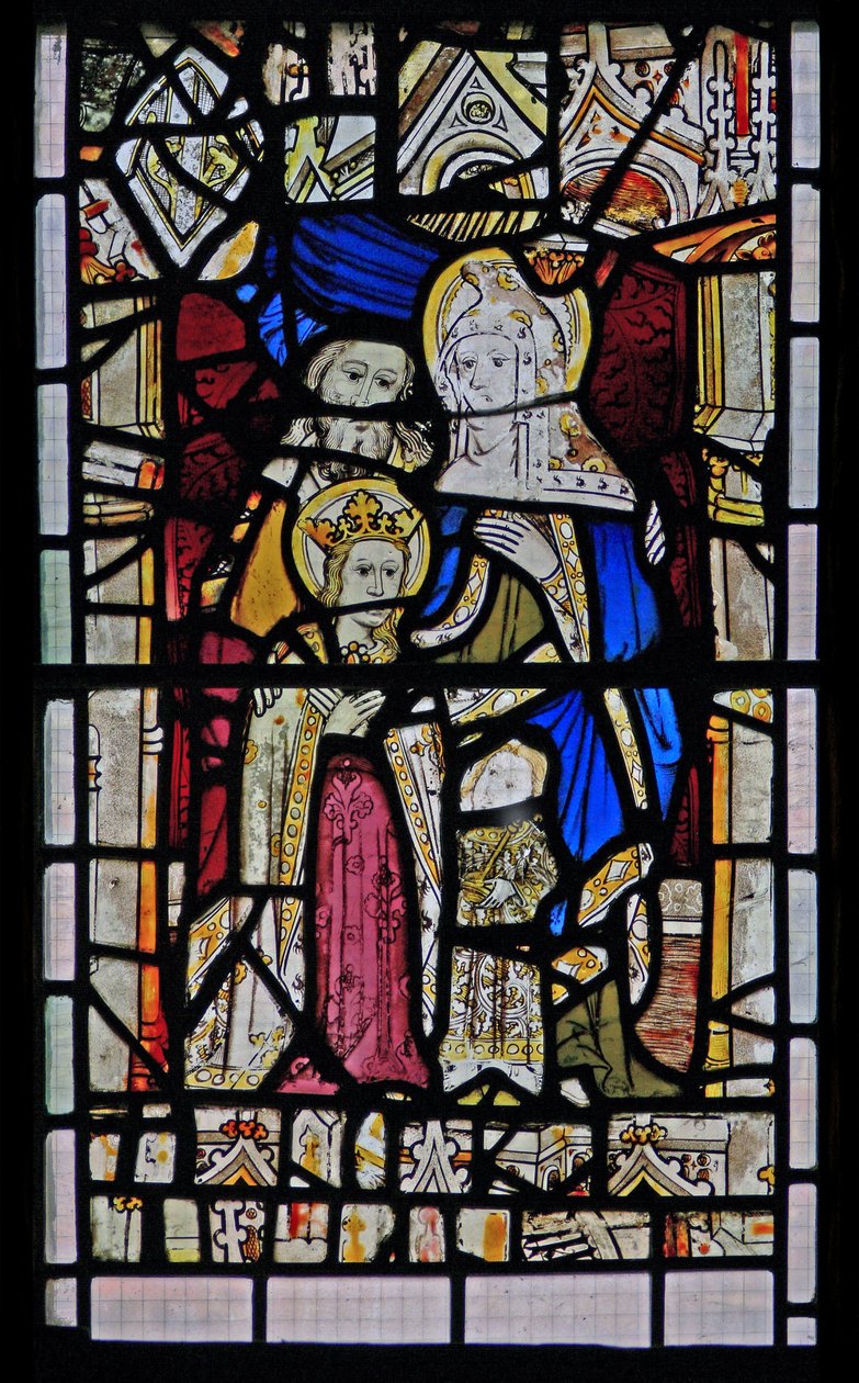 Window Ew föreställande St Anne, Joachim, Jungfru Maria och Kristusbarnet av English School
