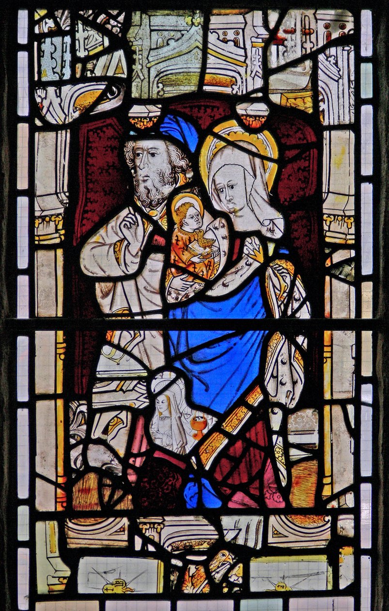 Window Ew föreställande St Anne, Joachim, Jungfru Maria och Kristusbarnet av English School