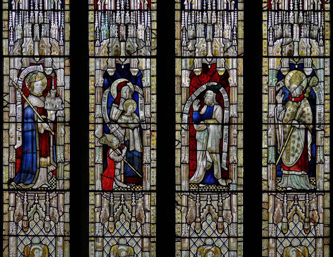 Window Ew föreställande St Ethelbert, St Anne och Jungfrun, Joachim, St Thomas of Hereford av English School