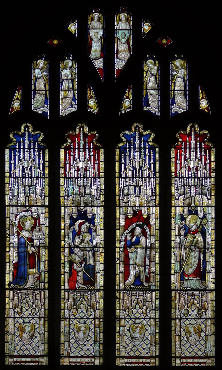 Window Ew som visar östfönstret: glas här kom ursprungligen från kyrkan i Stretton Sugwas av English School