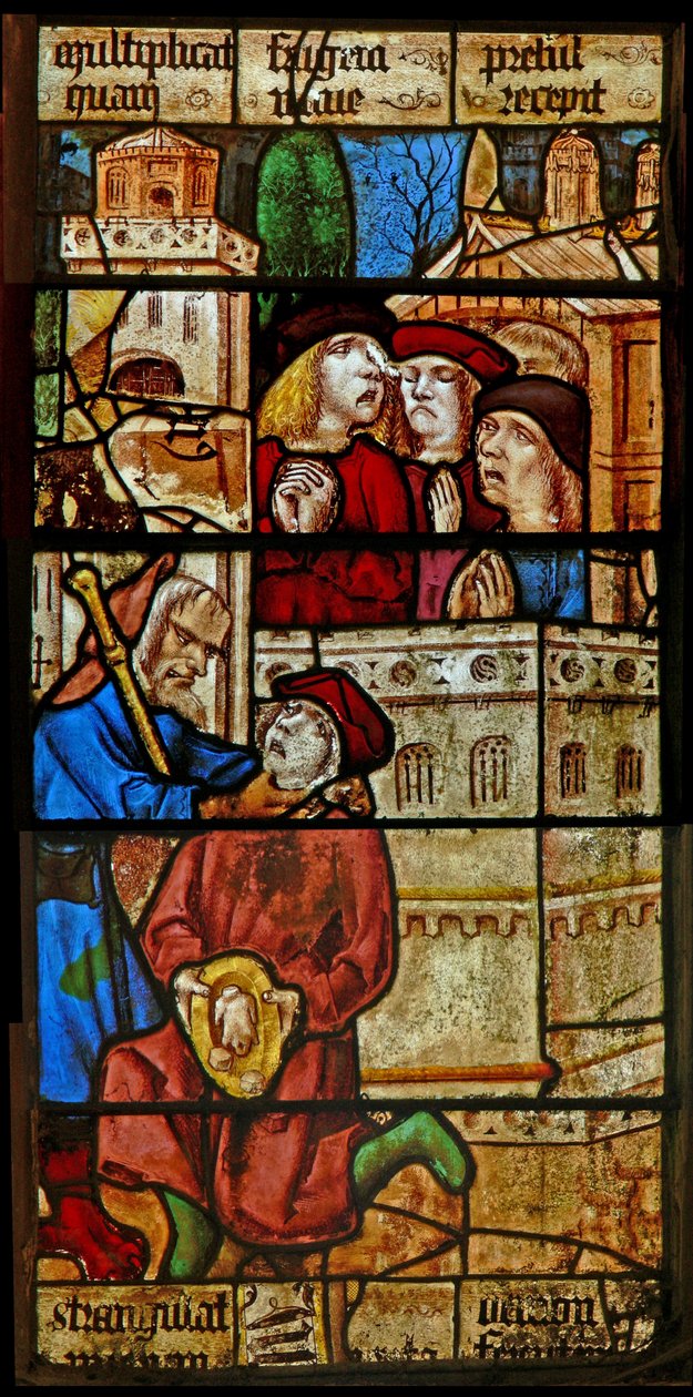 Window SaEw som visar en scen från en legend om St Nicholas: djävulen stryper en pojke som erbjöd honom mat på St Nicholas dag av English School