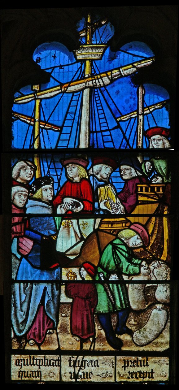 Window SaEw som visar en scen från en legend om St Nicholas: spannmålsfartygen lossar vid Myra av English School