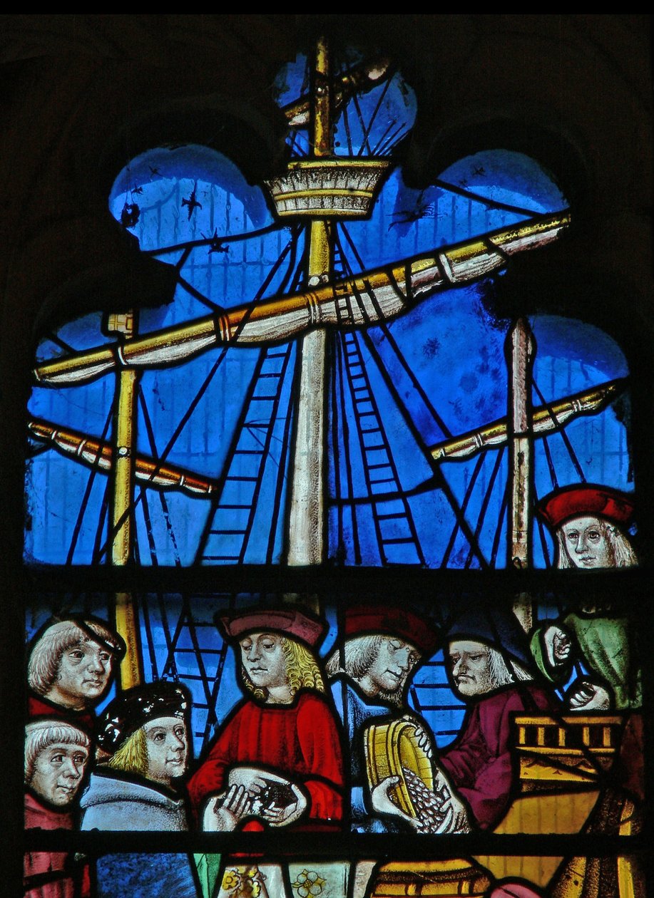 Window SaEw som visar en scen från en legend om St Nicholas: spannmålsfartygen lossar vid Myra av English School