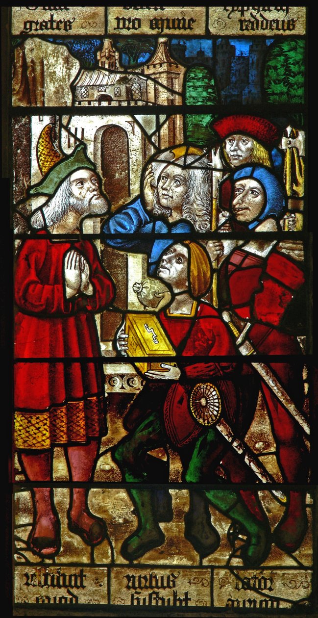 Window SaEw som visar en scen från en legend om St Nicholas: tjuvar lämnar tillbaka skatten de stal till den rike mannen av English School