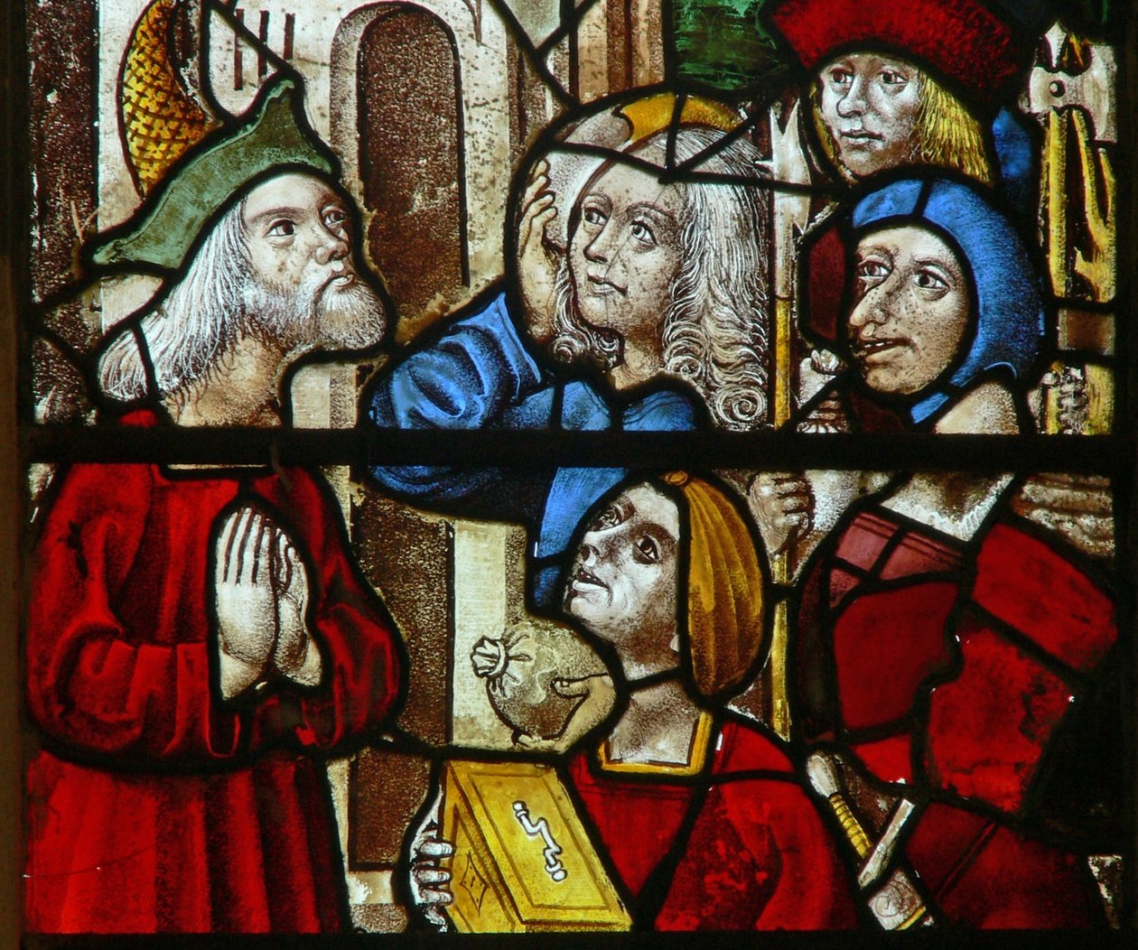 Window SaEw som visar en scen från en legend om St Nicholas: tjuvar lämnar tillbaka skatten de stal till den rike mannen av English School