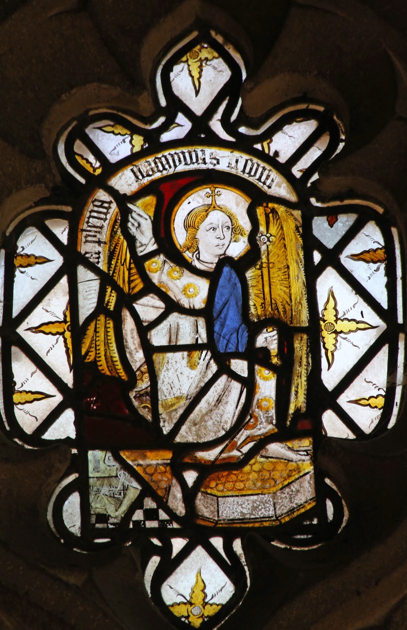 Window St Nectan Chapel Ew föreställande ärkeängeln Gabriel från bebådelsen av English School
