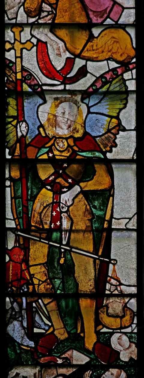Window Ww som visar en scen från den sista domen: St Michael och andra detaljer av English School