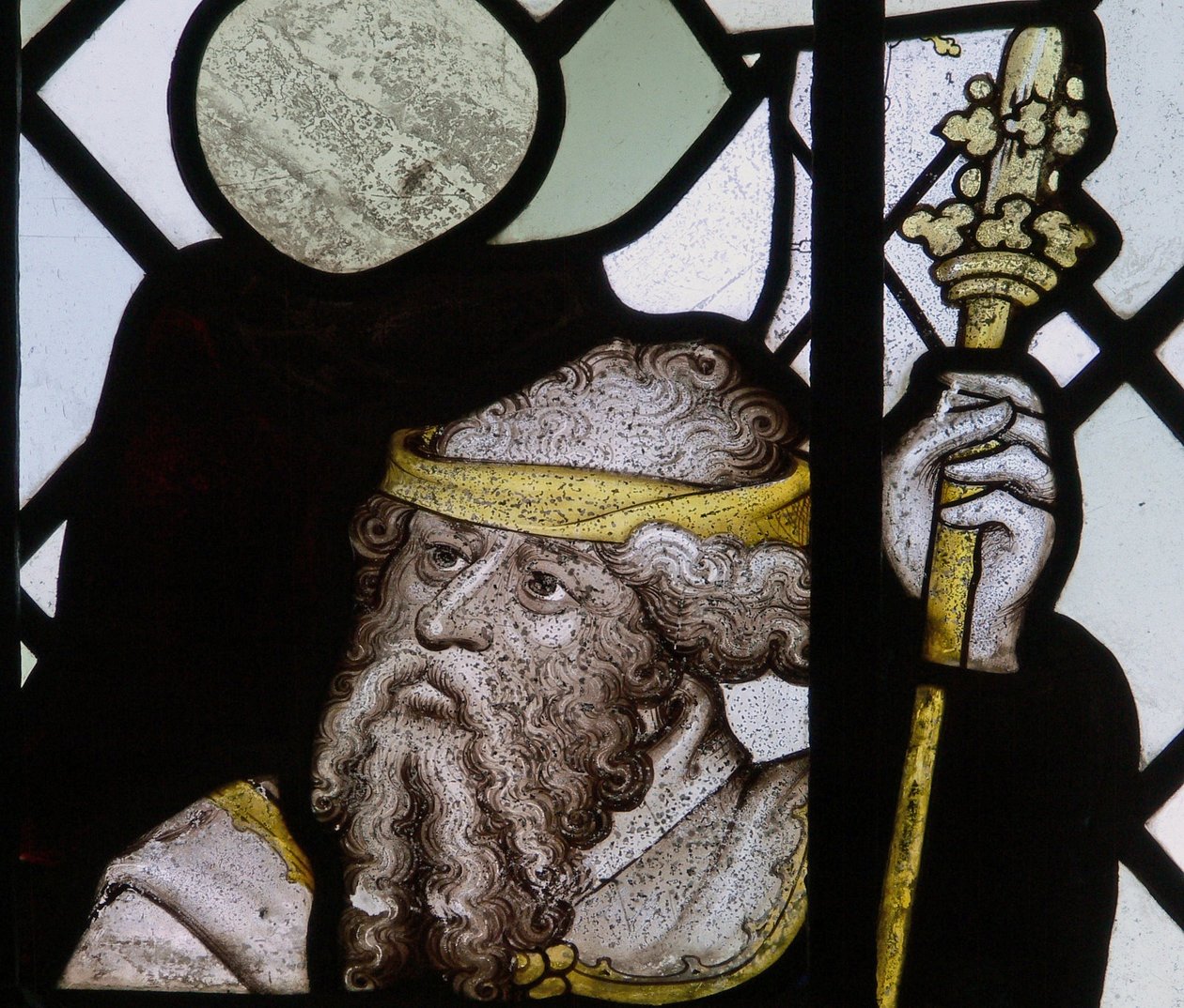 Fönster som visar en detalj från St Christopher-fönstret av English School