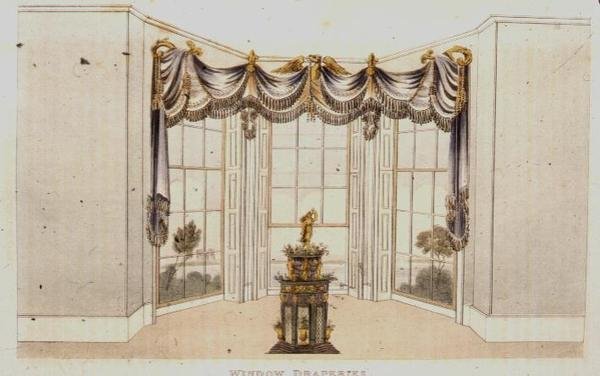 Fönsterdraperier, skylt 113 från Ackermanns Repository of Arts, publicerad 1820 (färg litho) av English School