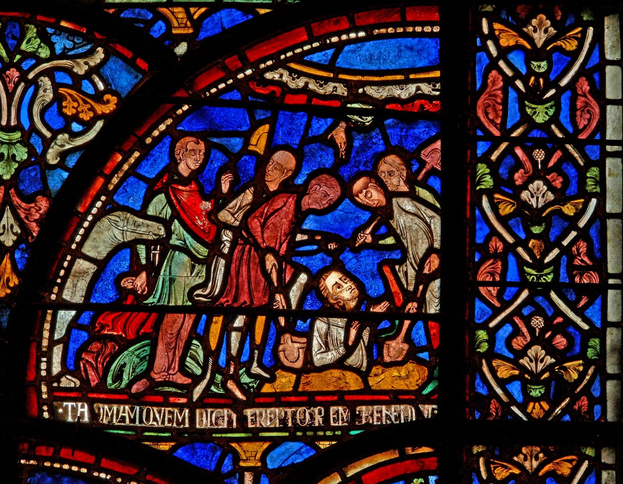 Fönster s7 som visar en scen från ett St Thomas Becket Miracle-fönster: William av Gloucester begravd och avslöjad av English School