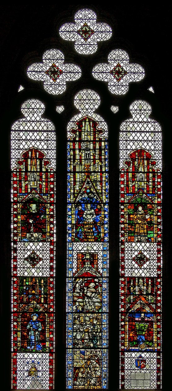 Fönster w32 som visar St George, St Lawrence, St Stephen, St Cuthbert, St Peter, St Anne, St Joachim av English School