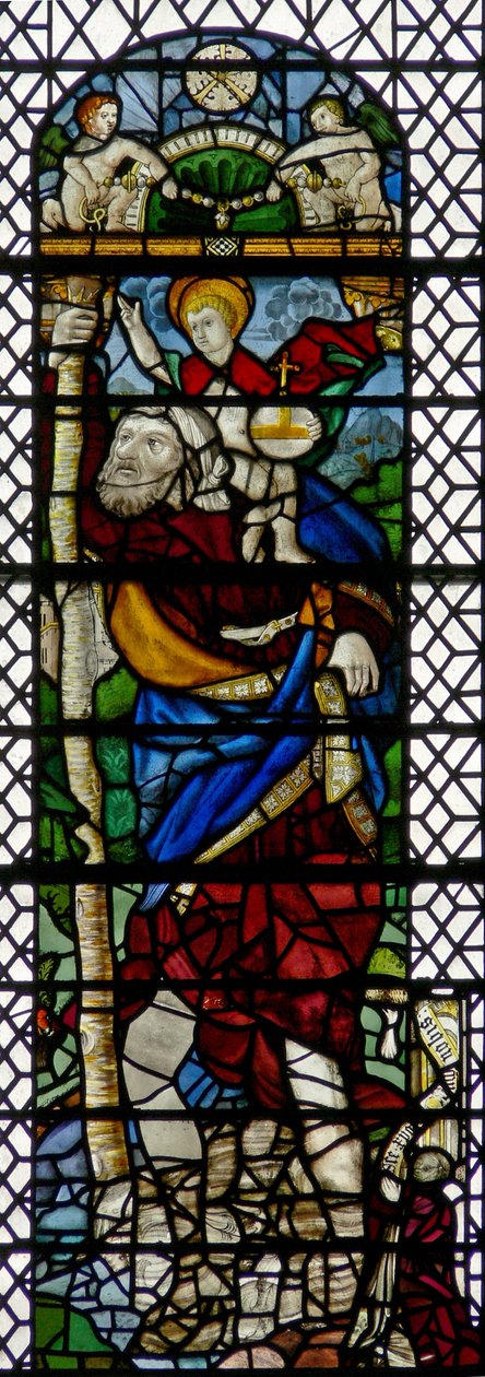 Fönster w36 föreställande St Christopher - en hybridfigur av franskt C16 och engelskt C15 glas sammansatt 1956 av English School
