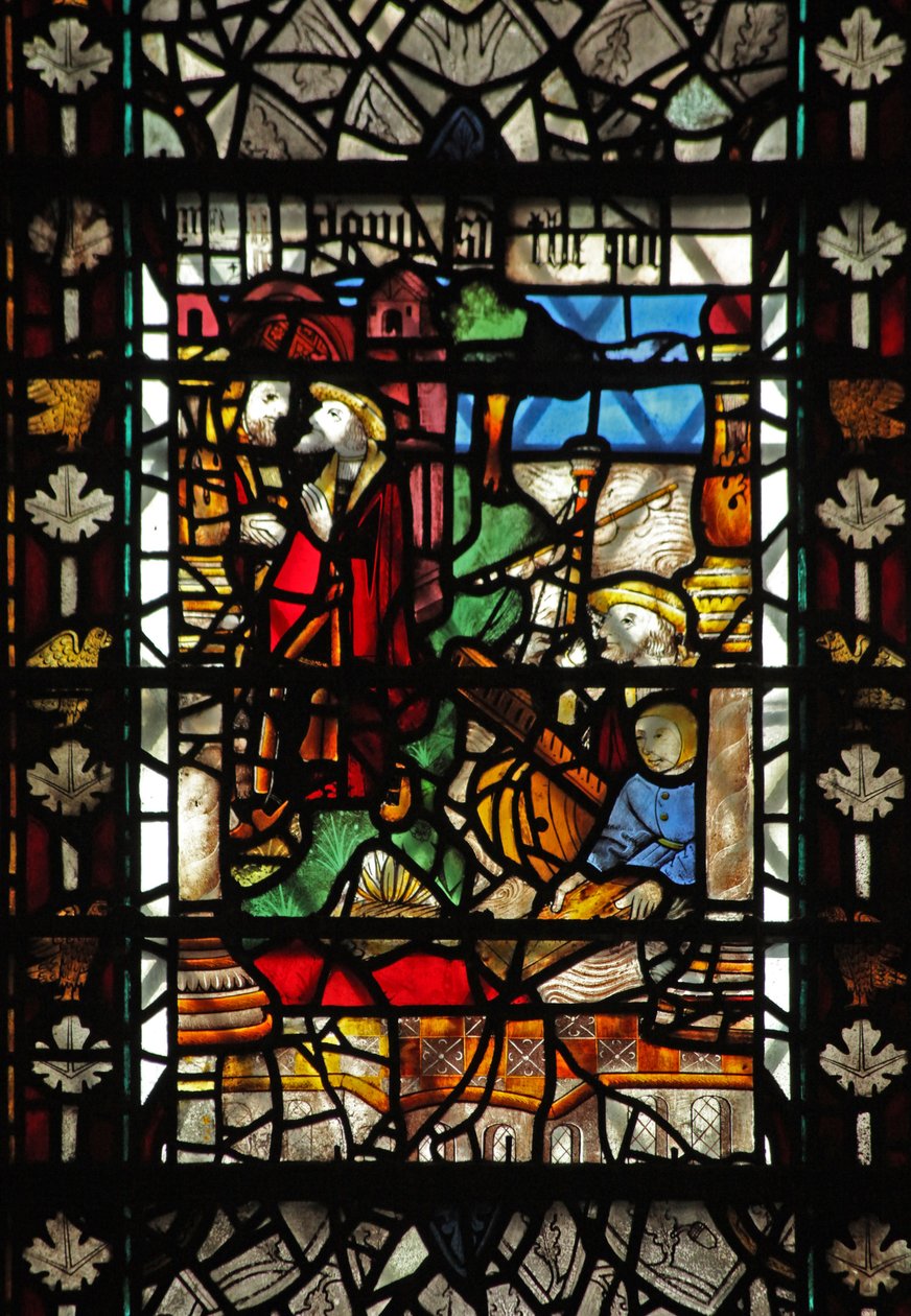 Fönster w58 som visar en scen från historien om St Thomas Becket - en landstigningsscen av English School
