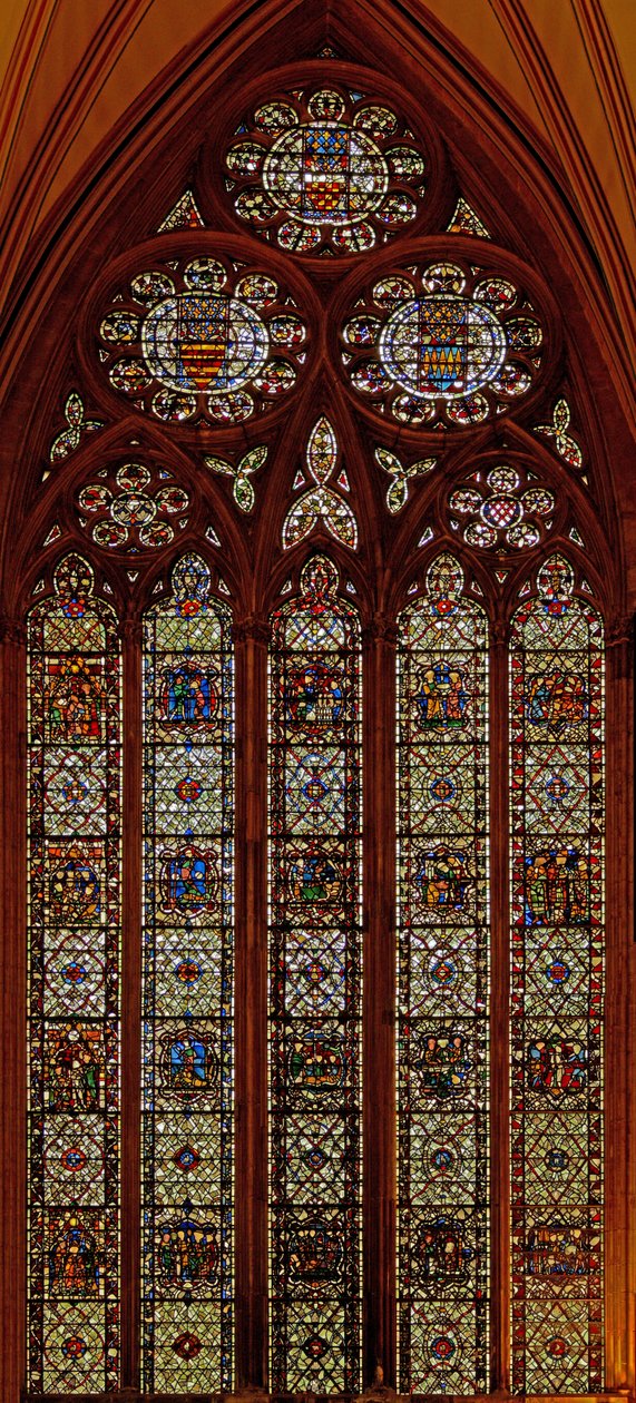 Fönster w61 som visar scener från St Thomas Beckets liv: även St Margaret, St Nicholas, St John Baptist och St Edmund av English School