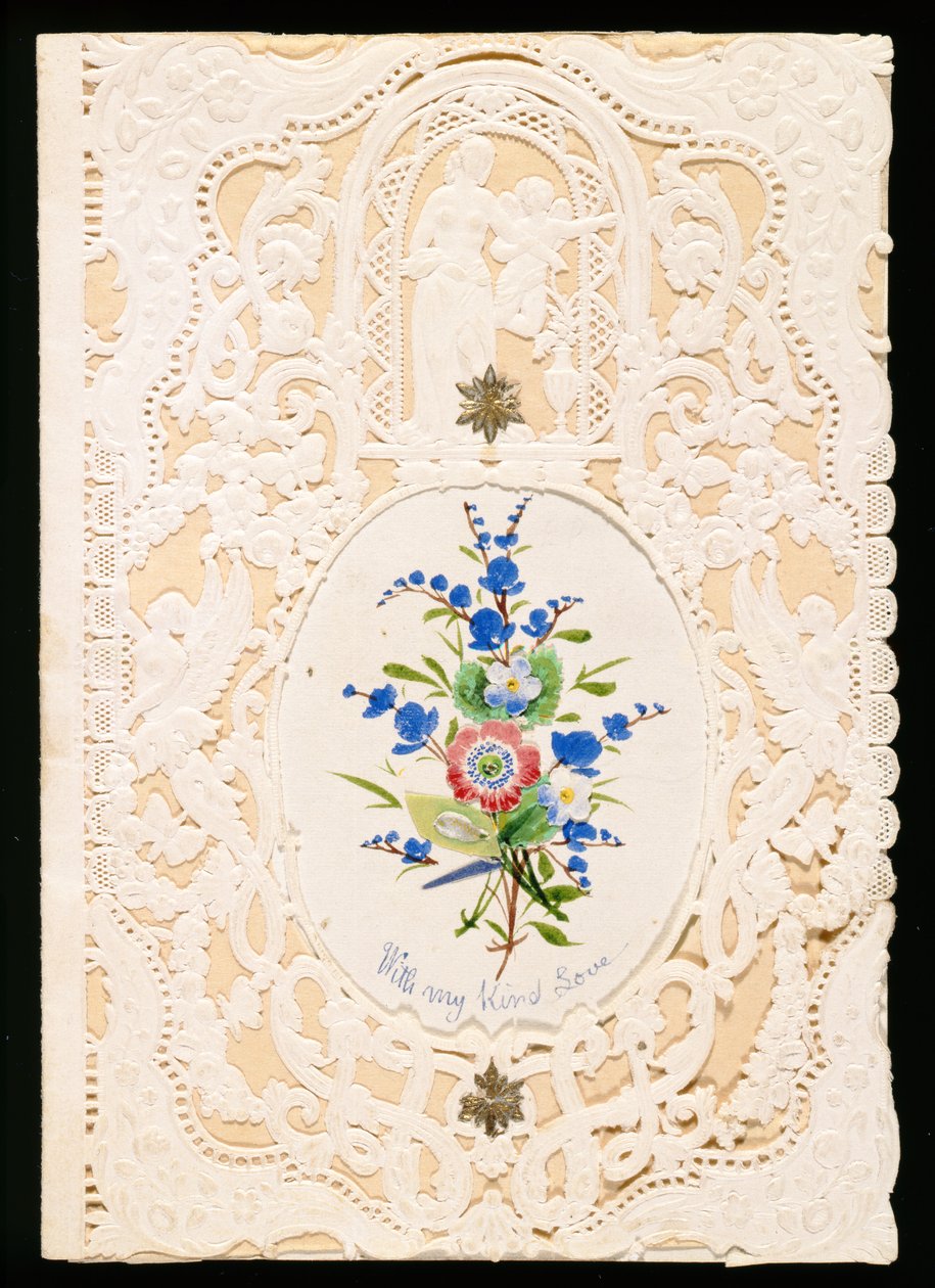 With My Kind Love, Valentine-kort, c.1858 (färg litho på papper) av English School