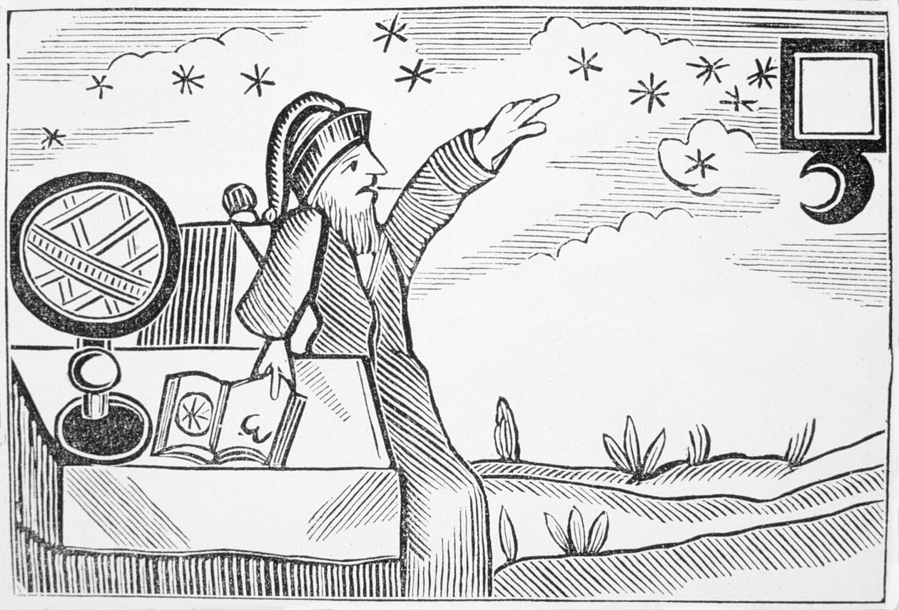 Wizard Consulting the Moon and the Stars, illustration från en samling kapböcker om esoterica av English School
