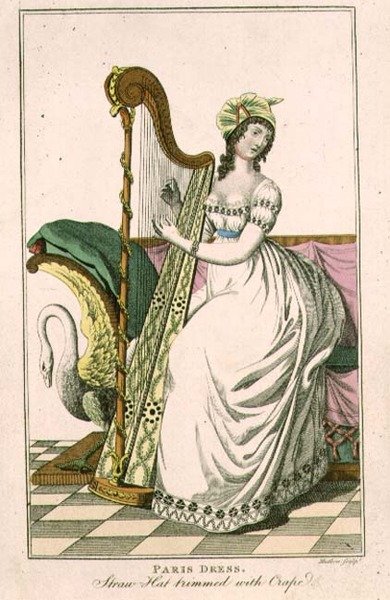 Kvinna i en Paris-klänning och en stråhatt trimmad med crepe som spelar harpan, illustration från 