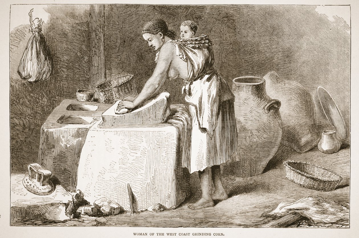 Kvinnan från västkusten maler majs, illustration från The Pictorial Edition av David Livingstones liv och upptäckter av J. Ewing Richie, pub. av A. Fullarton & Co., 1876 av English School