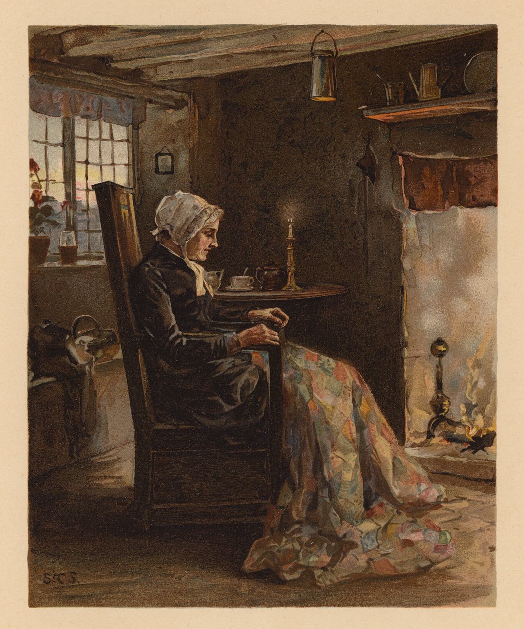 Kvinna syr ett lapptäcke (chromolitho) av English School