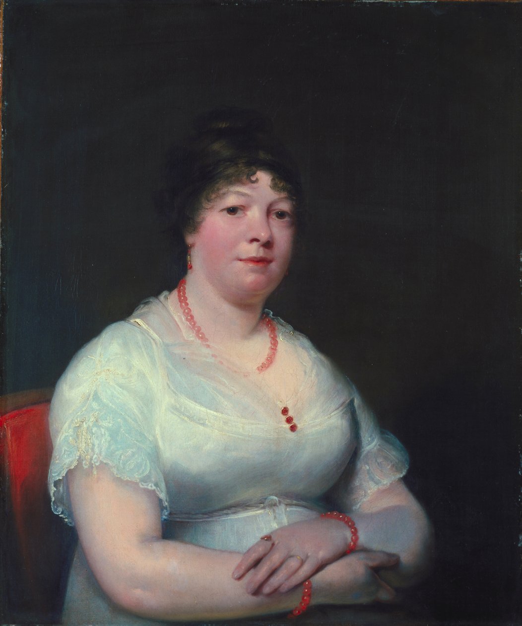 Kvinna med rosékvartssmycken, ca 1810-15 av English School