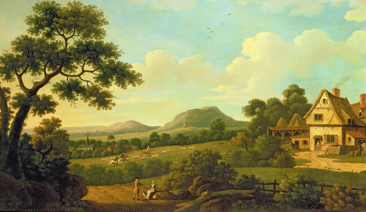 Skogbevuxen landskap med figurer vid en vägkant, c.1770 av English School