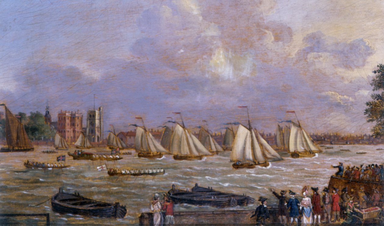 Yachts of the Cumberland Fleet racer utanför Lambeth Palace, 1775 av English School