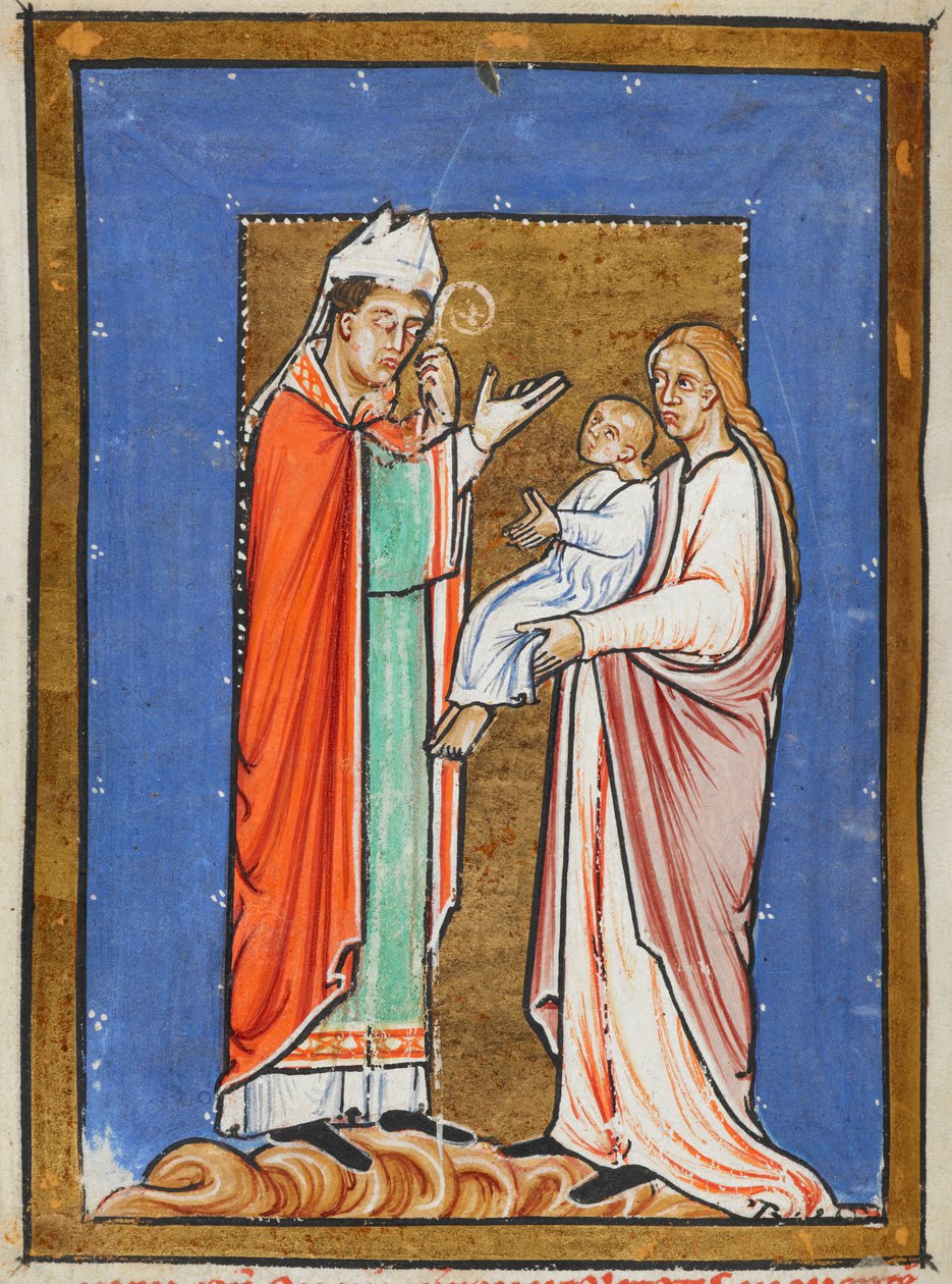 Yates Thompson 26 f.62v St. Cuthbert Healing a Child with the Plague, illustration från 