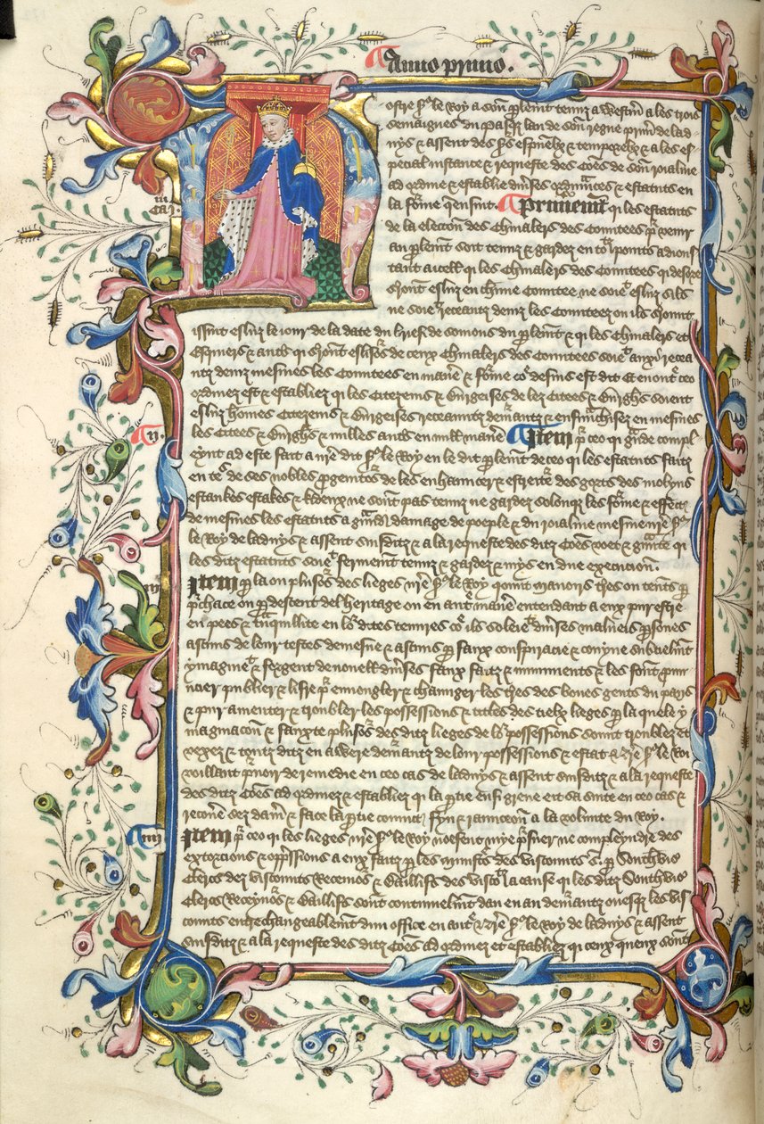 Yates Thompson 48, f.172v Historiserad initial "N"(ostre) av Henrik V, och en hel bladbård, i början av hans stadgar, från "Nova Stauta" (pergament) av English School