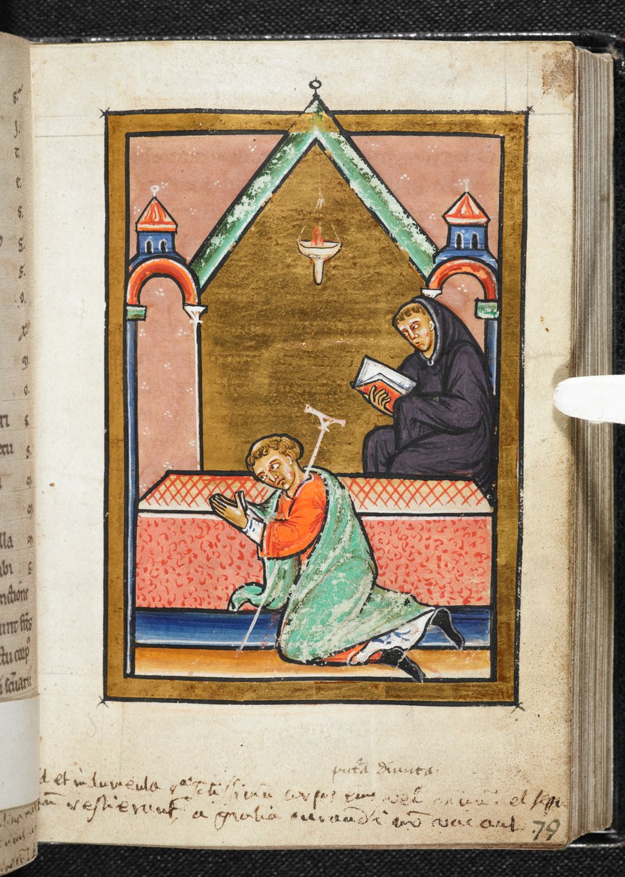 Yates Thompson Ms 26, f.79 r Cripple ber vid graven av St Cuthbert, illustration från 