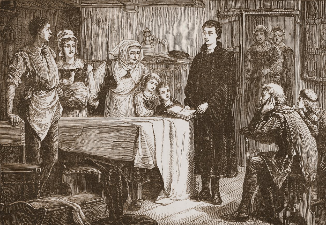 Unga Calvin förklarar Bibeln för en familj i Bourges, illustration från The History of Protestantism av James Aitken Wylie (1808-1890), pub. 1878 av English School