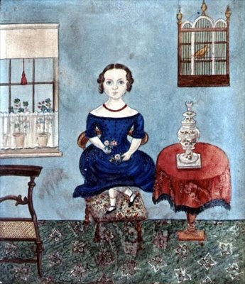 Ung flicka dansar på en stol i en interiör, ca 1840 (akvarell på papper) av English School